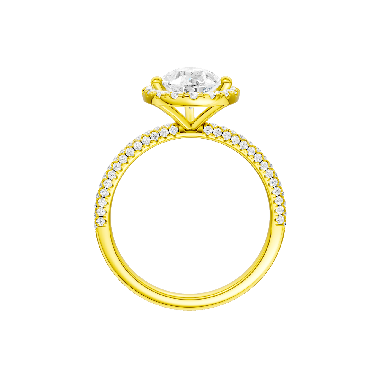 A profile view of the Pear cut diamond engagement ring in 14k yellow gold with a pavé diamond band and solitaire setting