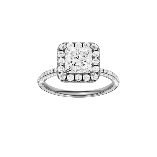 A front view of the Princess cut diamond engagement ring in 14k white gold with a pavé diamond band and solitaire setting