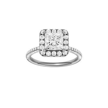 A front view of the Princess cut diamond engagement ring in 14k white gold with a pavé diamond band and solitaire setting