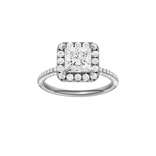 A front view of the Princess cut diamond engagement ring in 14k white gold with a pavé diamond band and solitaire setting