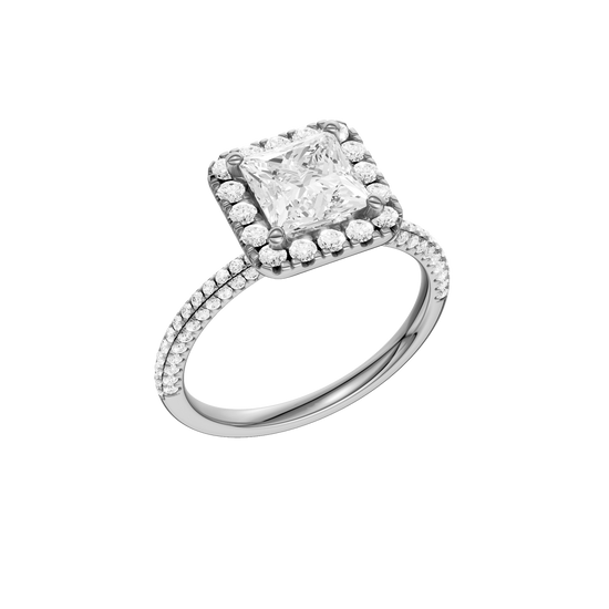 A three-quarter view of the Princess cut diamond engagement ring in 14k white gold with a pavé diamond band and solitaire setting