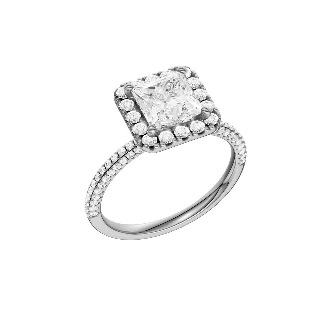 A three-quarter view of the Princess cut diamond engagement ring in 14k white gold with a pavé diamond band and solitaire setting