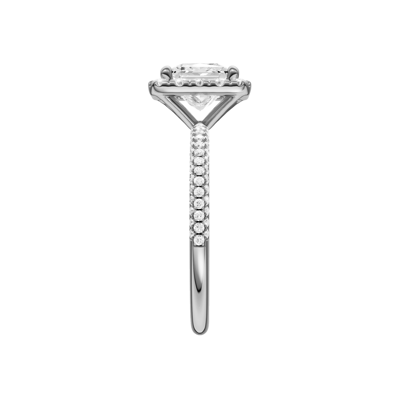 A side view of the Princess cut diamond engagement ring in 14k white gold with a pavé diamond band and solitaire setting