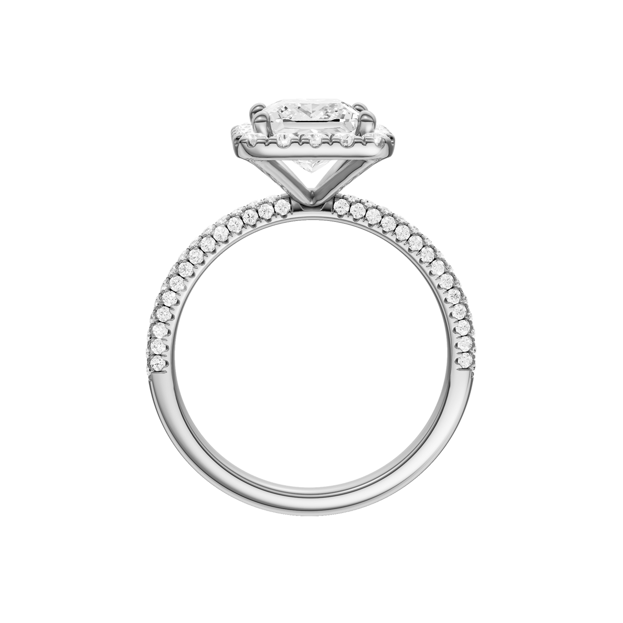 A profile view of the Princess cut diamond engagement ring in 14k white gold with a pavé diamond band and solitaire setting