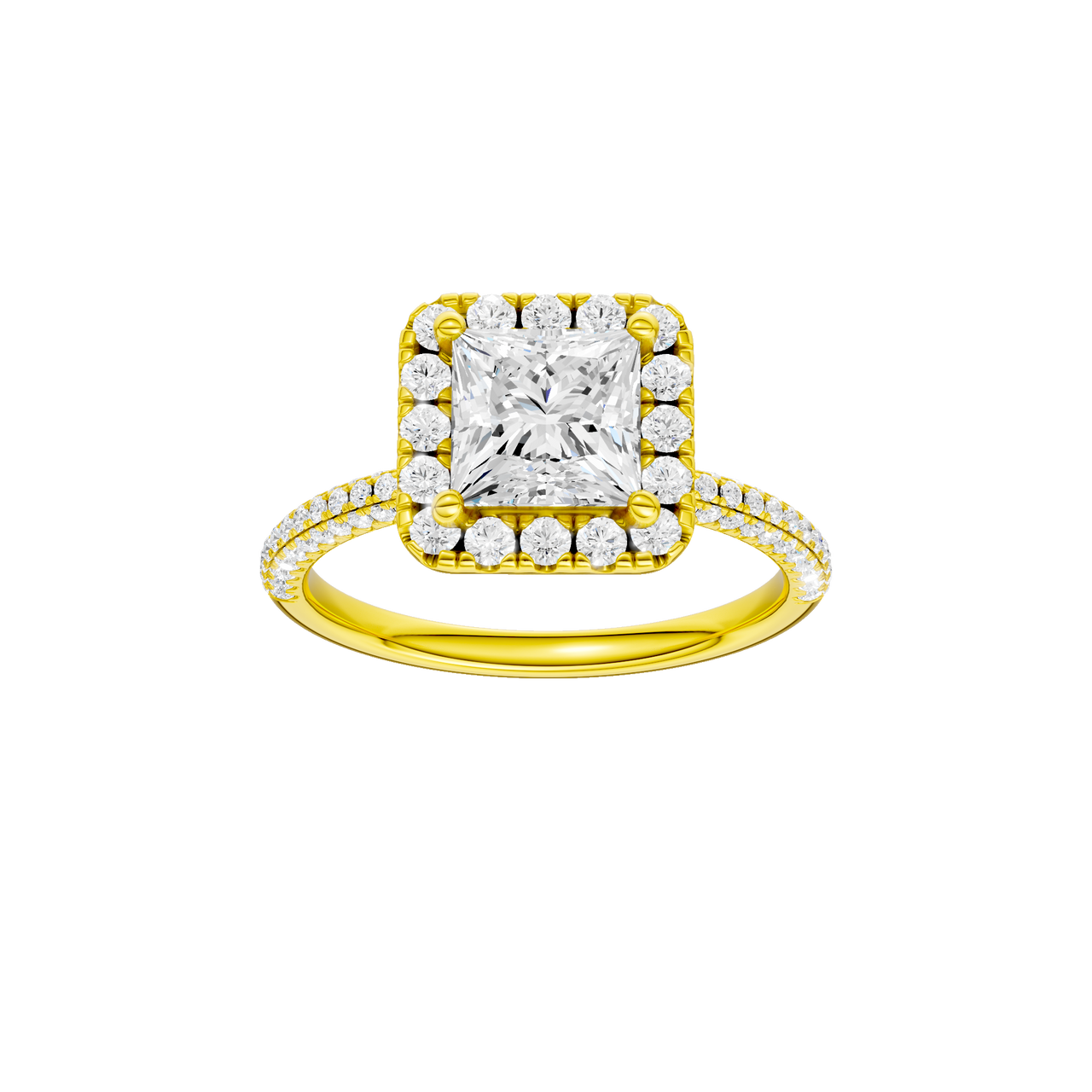 A front view of the Princess cut diamond engagement ring in 14k yellow gold with a pavé diamond band and solitaire setting