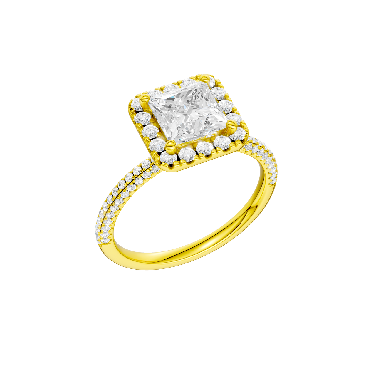 A three-quarter view of the Princess cut diamond engagement ring in 14k yellow gold with a pavé diamond band and solitaire setting