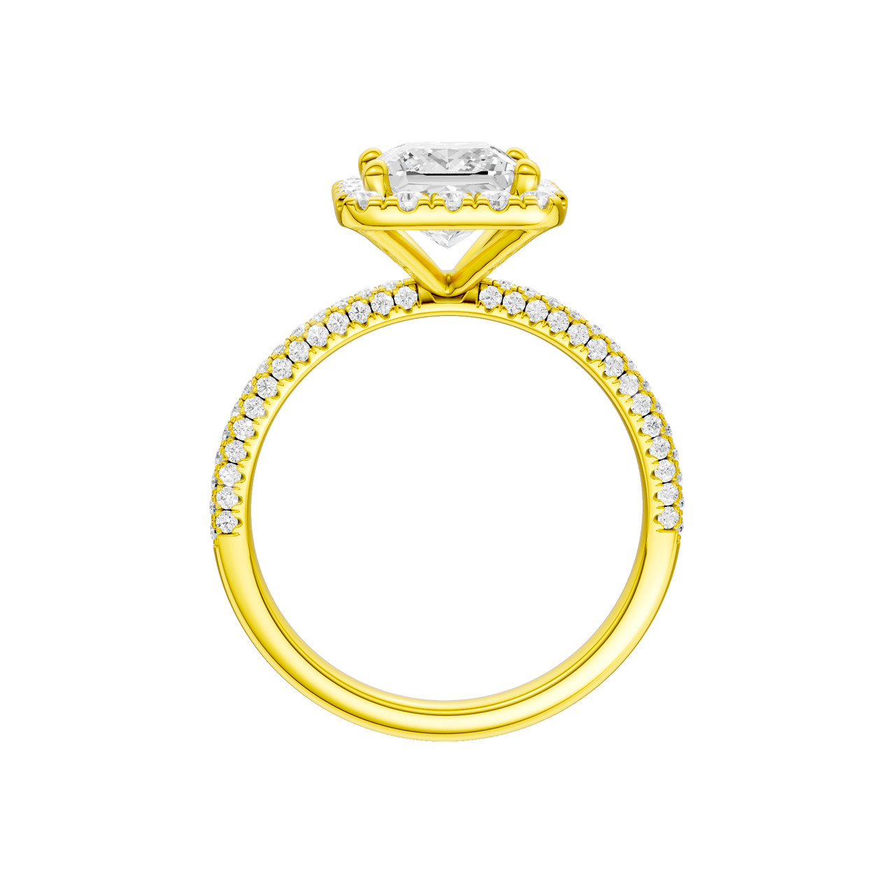 A profile view of the Princess cut diamond engagement ring in 14k yellow gold with a pavé diamond band and solitaire setting