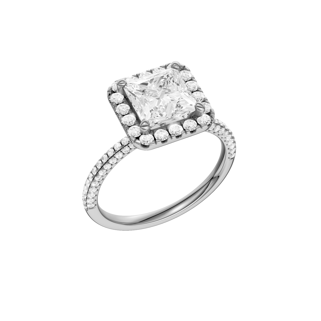 A three-quarter view of the Princess cut diamond engagement ring in platinum with a pavé diamond band and solitaire setting