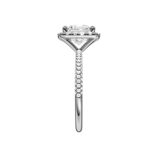 A side view of the Princess cut diamond engagement ring in platinum with a pavé diamond band and solitaire setting