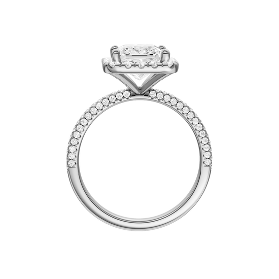 A profile view of the Princess cut diamond engagement ring in platinum with a pavé diamond band and solitaire setting