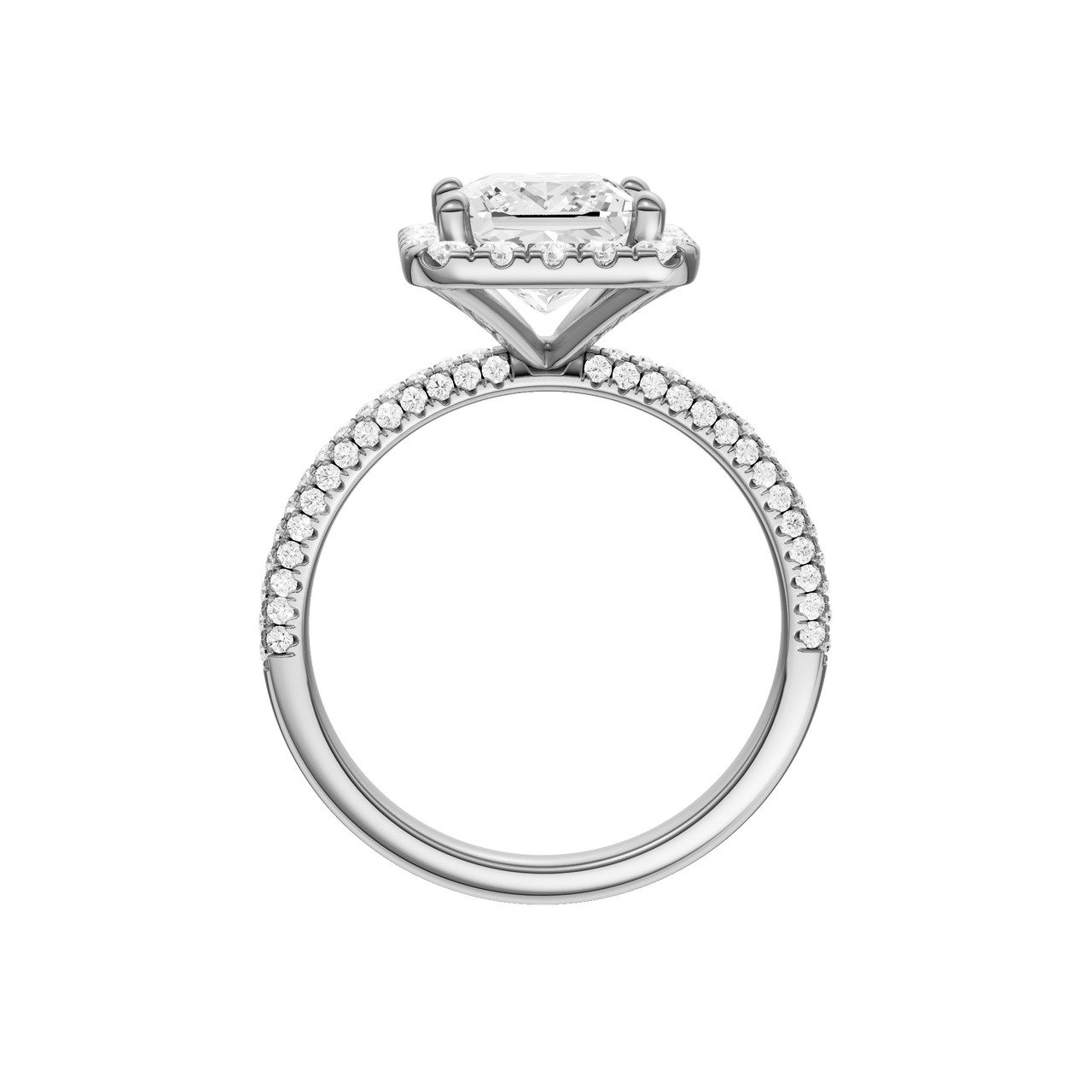 A profile view of the Princess cut diamond engagement ring in platinum with a pavé diamond band and solitaire setting
