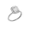 A three-quarter view of the Radiant cut diamond engagement ring in 14k white gold with a pavé diamond band and solitaire setting