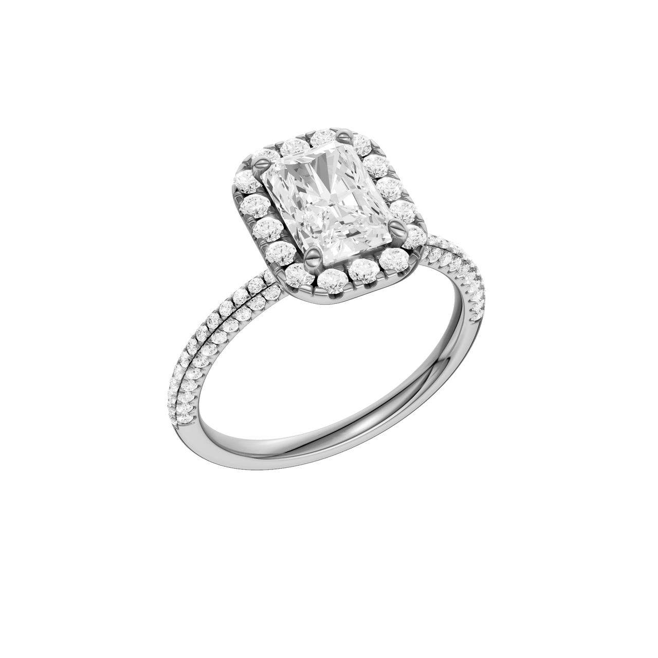 A three-quarter view of the Radiant cut diamond engagement ring in 14k white gold with a pavé diamond band and solitaire setting