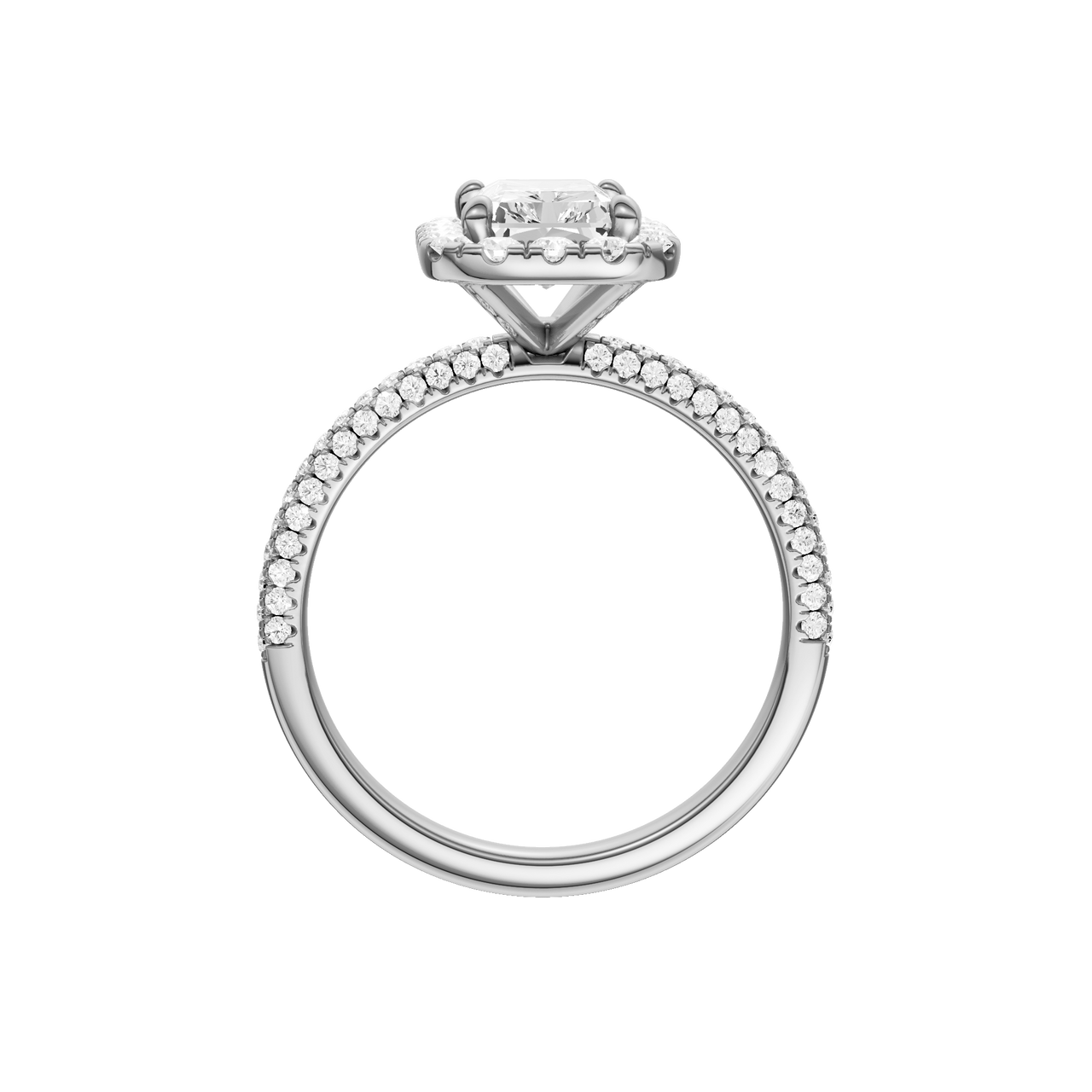 A profile view of the Radiant cut diamond engagement ring in 14k white gold with a pavé diamond band and solitaire setting