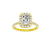 A front view of the Radiant cut diamond engagement ring in 14k yellow gold with a pavé diamond band and solitaire setting