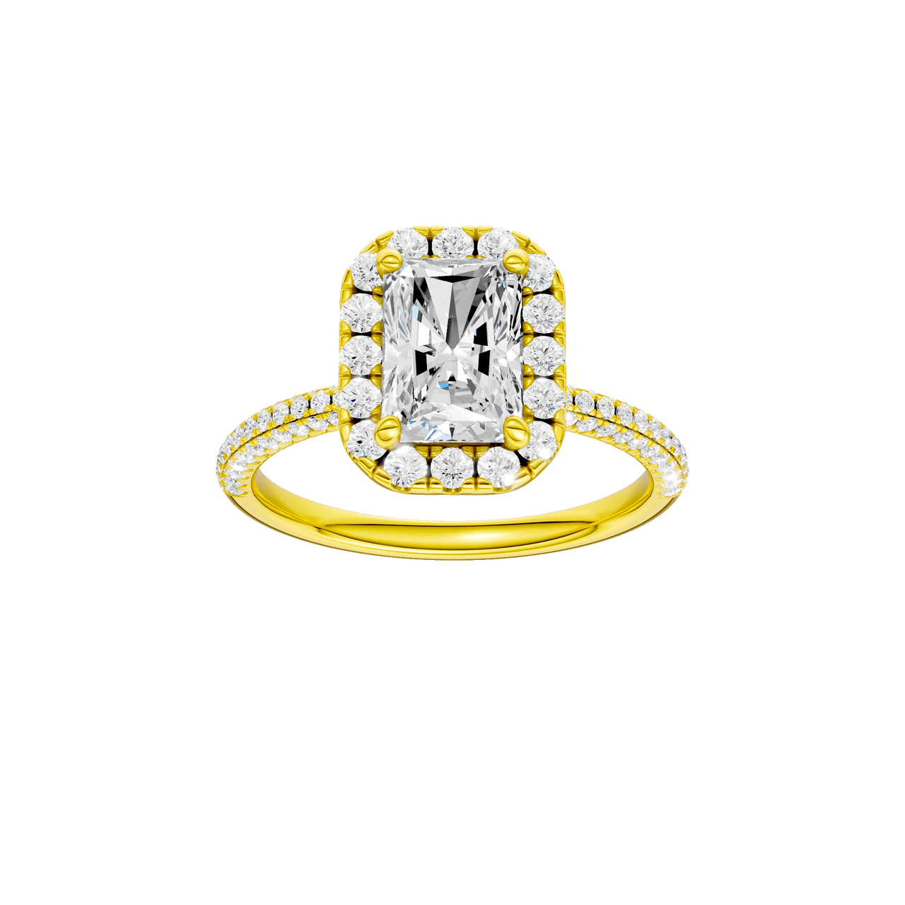 A front view of the Radiant cut diamond engagement ring in 14k yellow gold with a pavé diamond band and solitaire setting