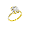 A three-quarter view of the Radiant cut diamond engagement ring in 14k yellow gold with a pavé diamond band and solitaire setting