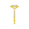 A side view of the Radiant cut diamond engagement ring in 14k yellow gold with a pavé diamond band and solitaire setting