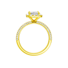 A profile view of the Radiant cut diamond engagement ring in 14k yellow gold with a pavé diamond band and solitaire setting