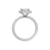 A profile view of the Radiant cut diamond engagement ring in platinum with a pavé diamond band and solitaire setting