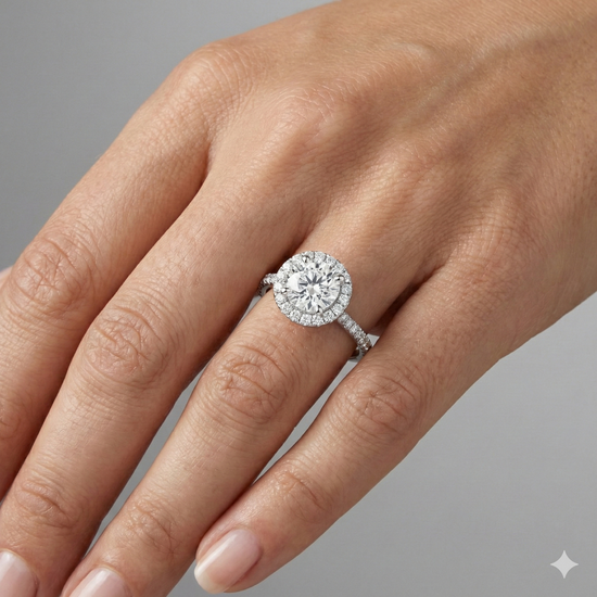 Round cut diamond engagement ring in 14k white gold with a pavé diamond band and solitaire setting on a hand