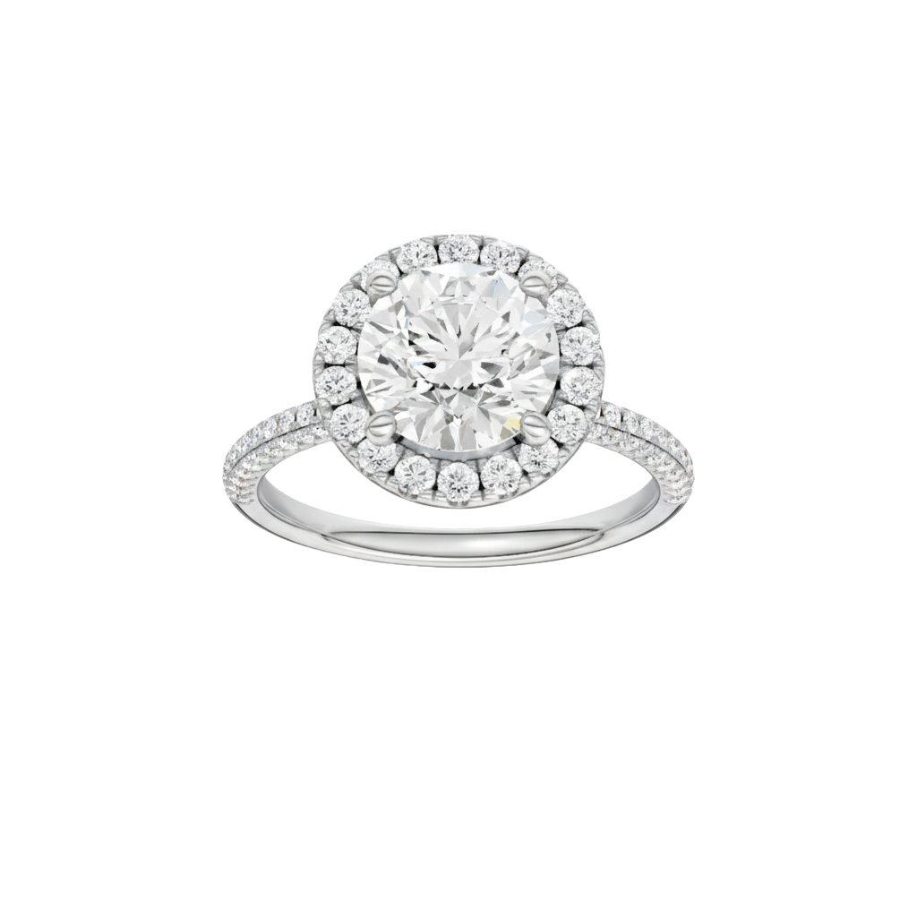 A front view of the Round cut diamond engagement ring in platinum with a pavé diamond band and solitaire setting