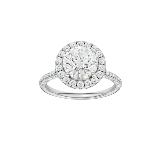 A front view of the Round cut diamond engagement ring in 14k white gold with a pavé diamond band and solitaire setting