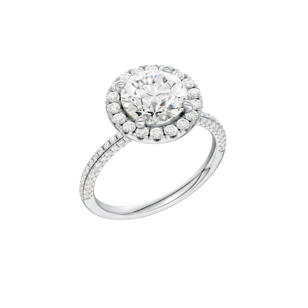A three-quarter view of the Round cut diamond engagement ring in 14k white gold with a pavé diamond band and solitaire setting