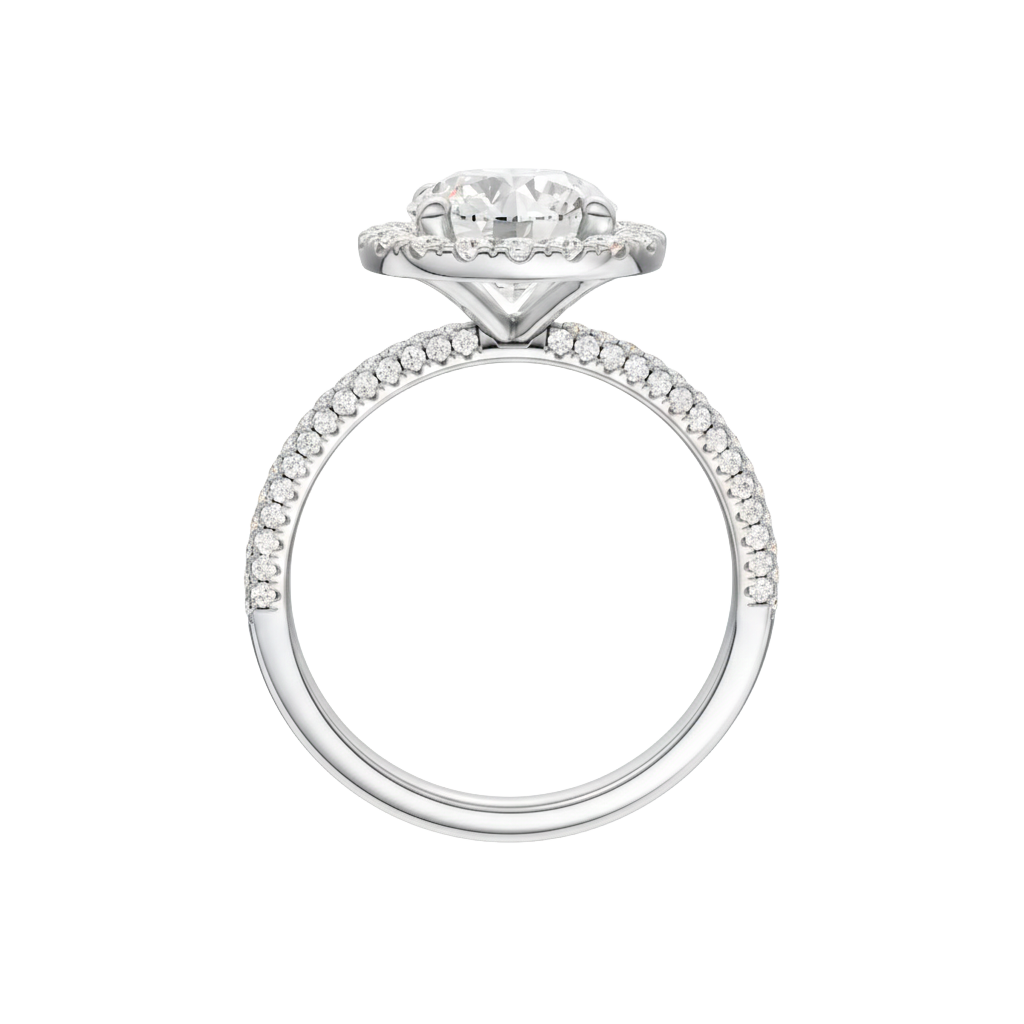 A profile view of the Round cut diamond engagement ring in platinum with a pavé diamond band and solitaire setting
