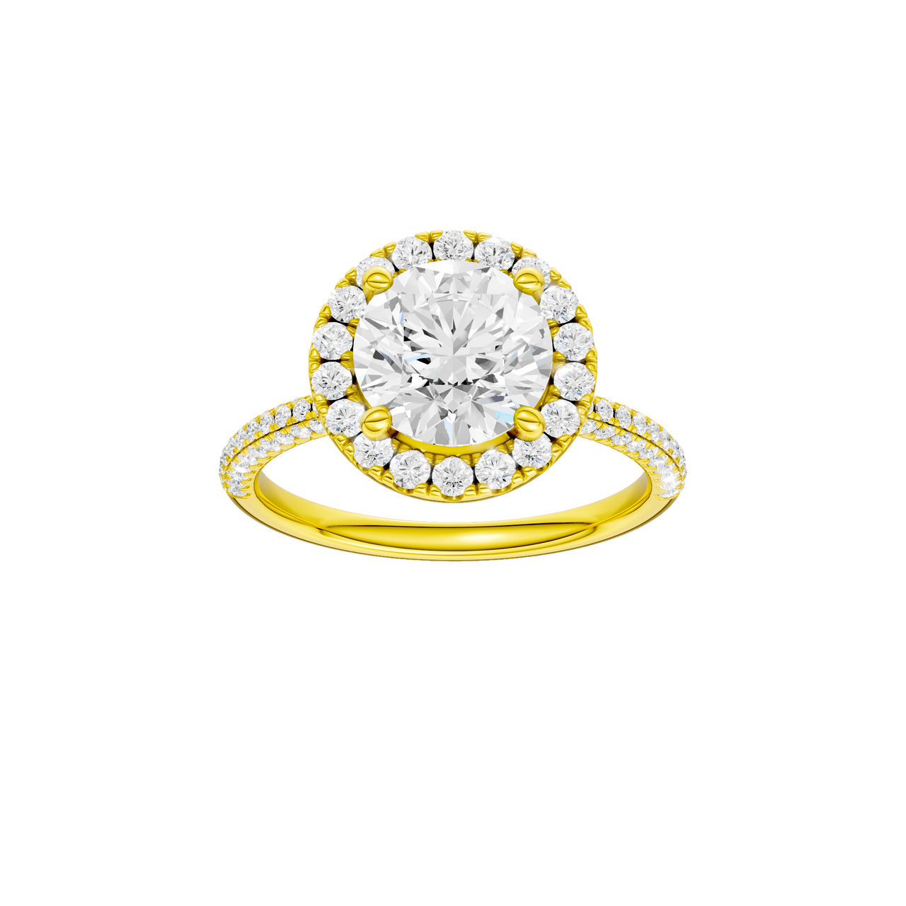 A front view of the Round cut diamond engagement ring in 14k yellow gold with a pavé diamond band and solitaire setting