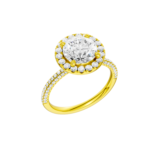 A three-quarter view of the Round cut diamond engagement ring in 14k yellow gold with a pavé diamond band and solitaire setting