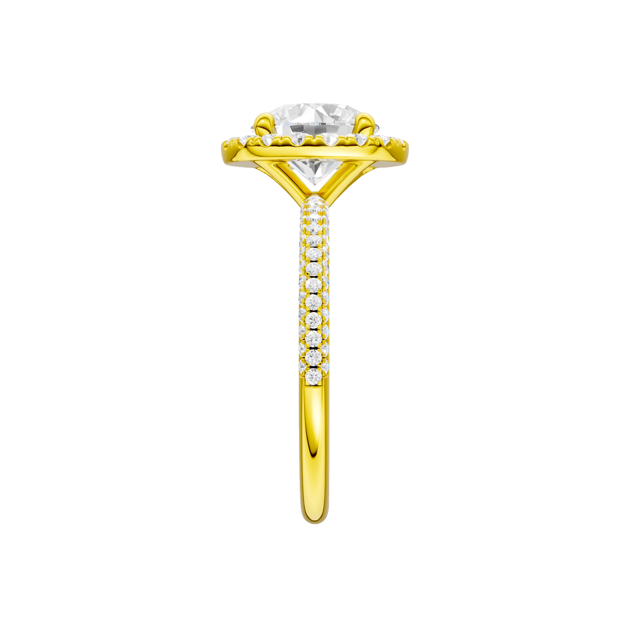 A side view of the Round cut diamond engagement ring in 14k yellow gold with a pavé diamond band and solitaire setting