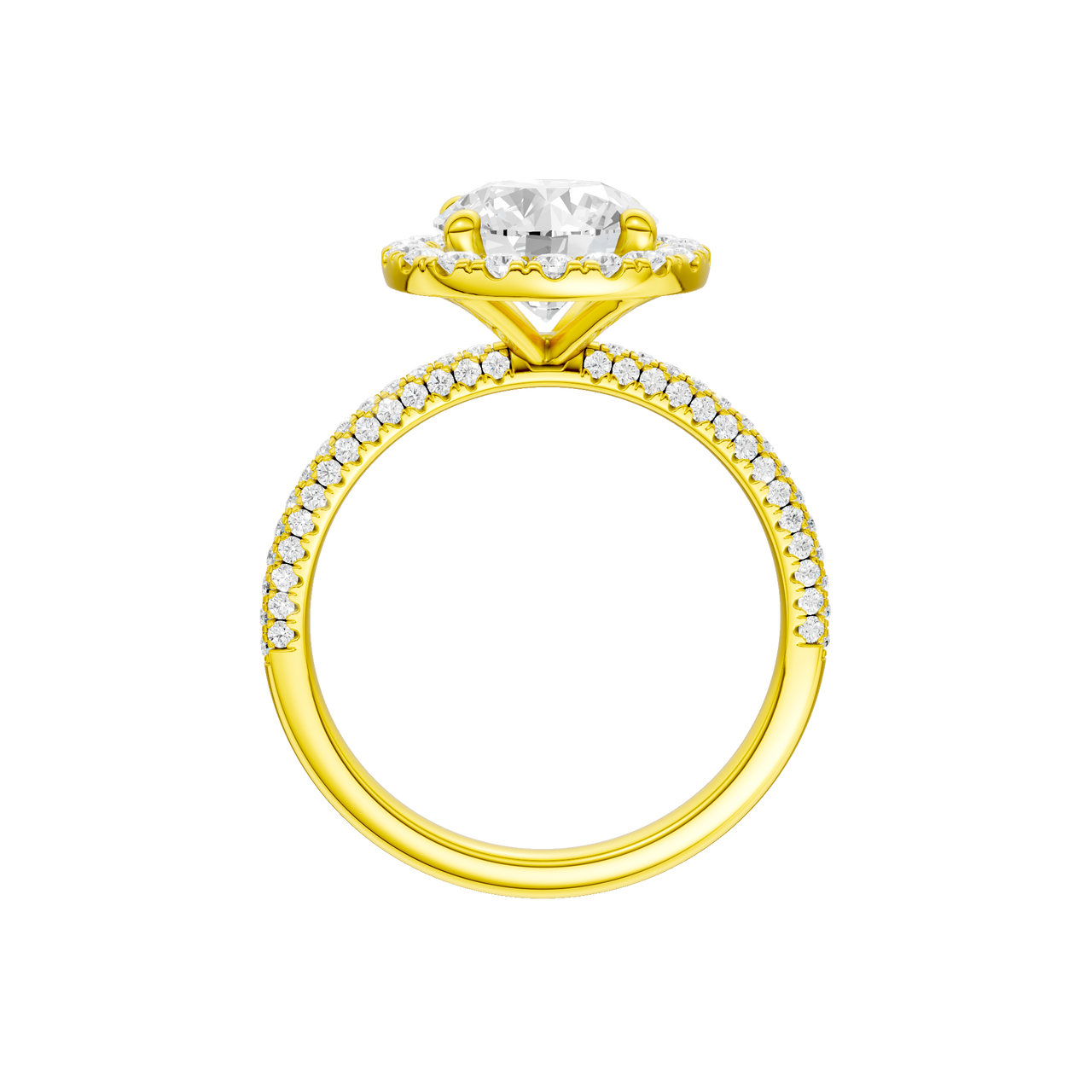 A profile view of the Round cut diamond engagement ring in 14k yellow gold with a pavé diamond band and solitaire setting