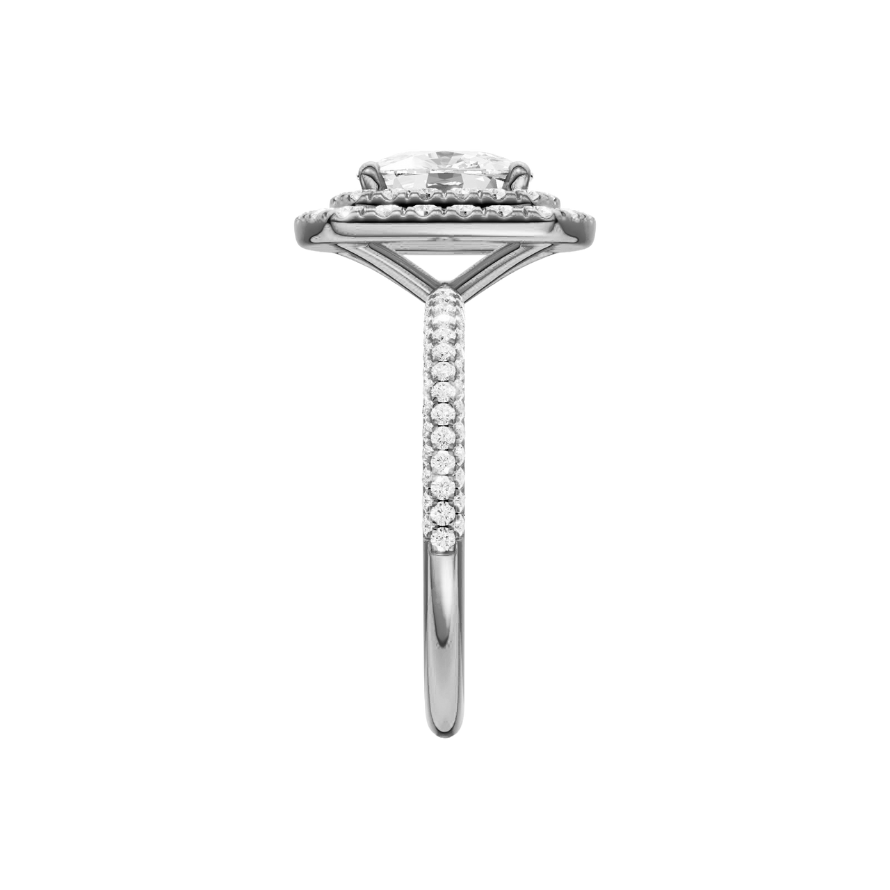A side view of the Elongated cushion cut diamond engagement ring in 14k white gold with a pavé diamond band and solitaire setting