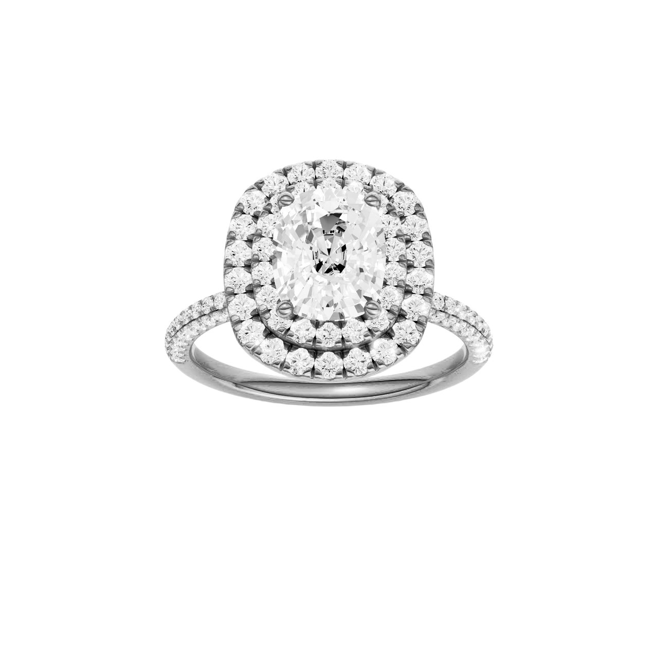 A front view of the Elongated cushion cut diamond engagement ring in 14k white gold with a pavé diamond band and solitaire setting
