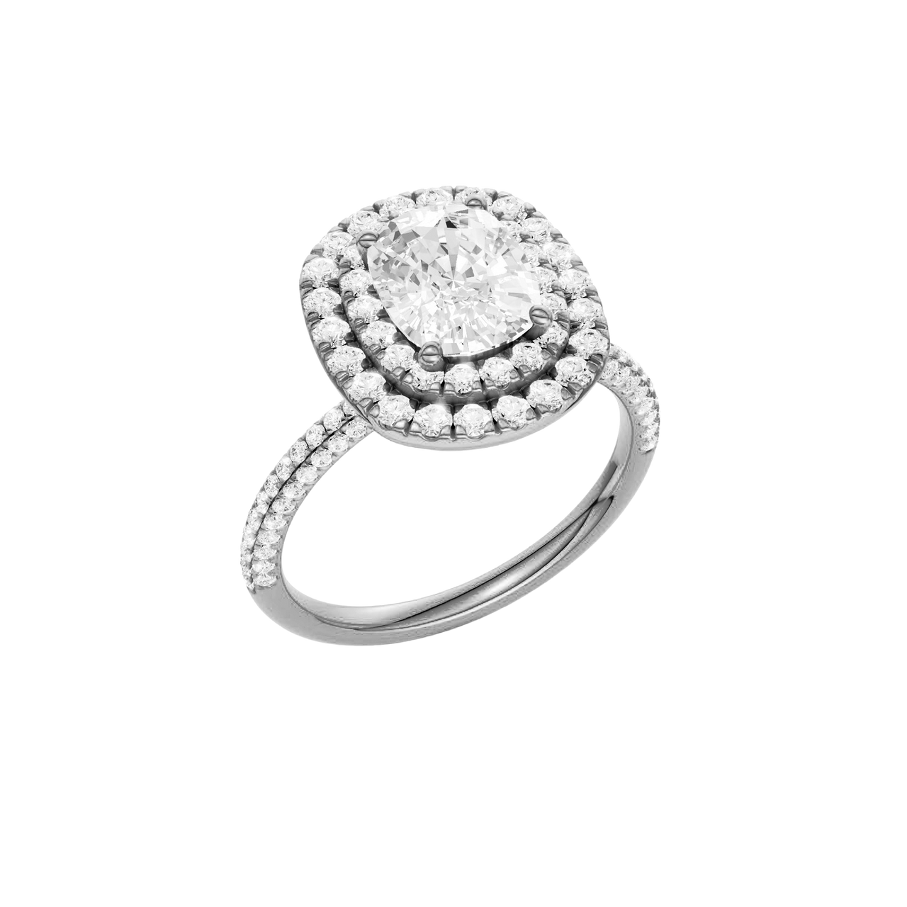 A three-quarter view of the Elongated cushion cut diamond engagement ring in 14k white gold with a pavé diamond band and solitaire setting
