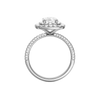 A profile view of the Elongated cushion cut diamond engagement ring in platinum with a pavé diamond band and solitaire setting