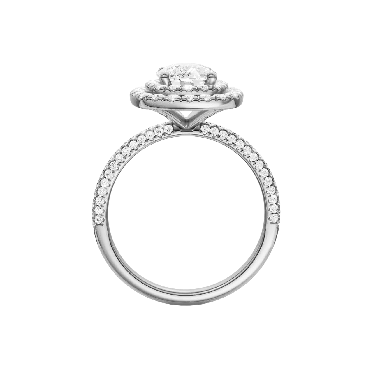 A profile view of the Elongated cushion cut diamond engagement ring in 14k white gold with a pavé diamond band and solitaire setting