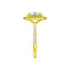 A side view of the Elongated cushion cut diamond engagement ring in 14k yellow gold with a pavé diamond band and solitaire setting