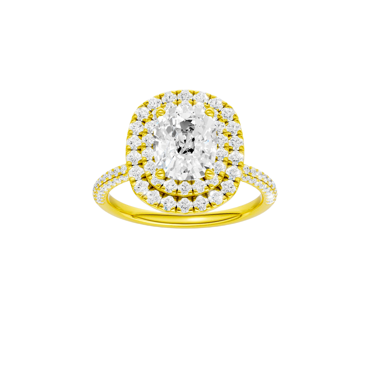 A front view of the Elongated cushion cut diamond engagement ring in 14k yellow gold with a pavé diamond band and solitaire setting