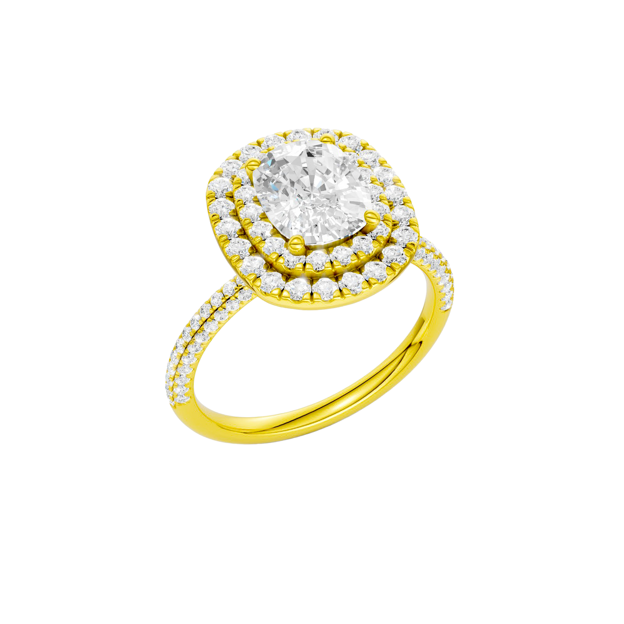 A three-quarter view of the Elongated cushion cut diamond engagement ring in 14k yellow gold with a pavé diamond band and solitaire setting