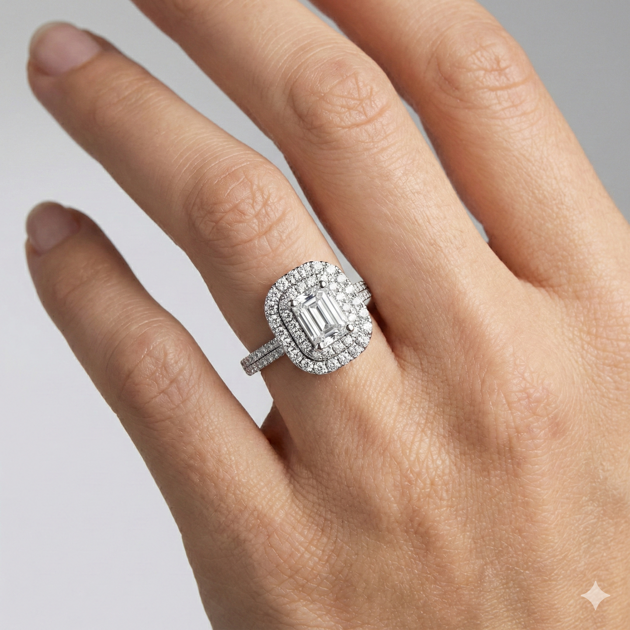 Emerald cut diamond engagement ring in 14k white gold with a pavé diamond band and solitaire setting on a hand