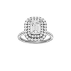A front view of the Emerald cut diamond engagement ring in 14k white gold with a pavé diamond band and solitaire setting