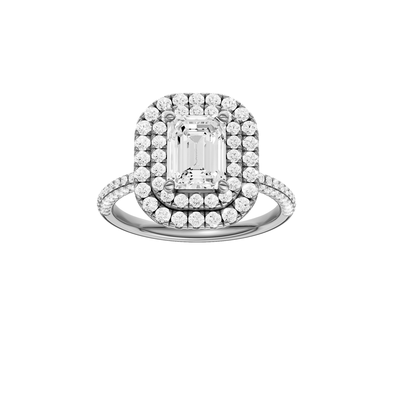A front view of the Emerald cut diamond engagement ring in 14k white gold with a pavé diamond band and solitaire setting