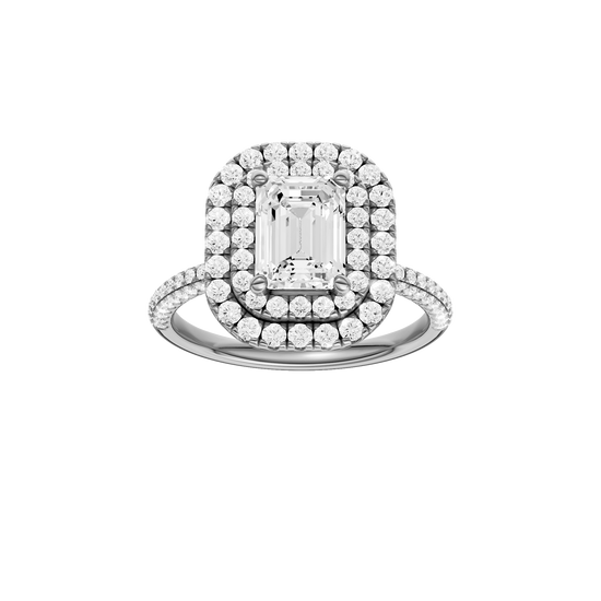 A front view of the Emerald cut diamond engagement ring in platinum with a pavé diamond band and solitaire setting