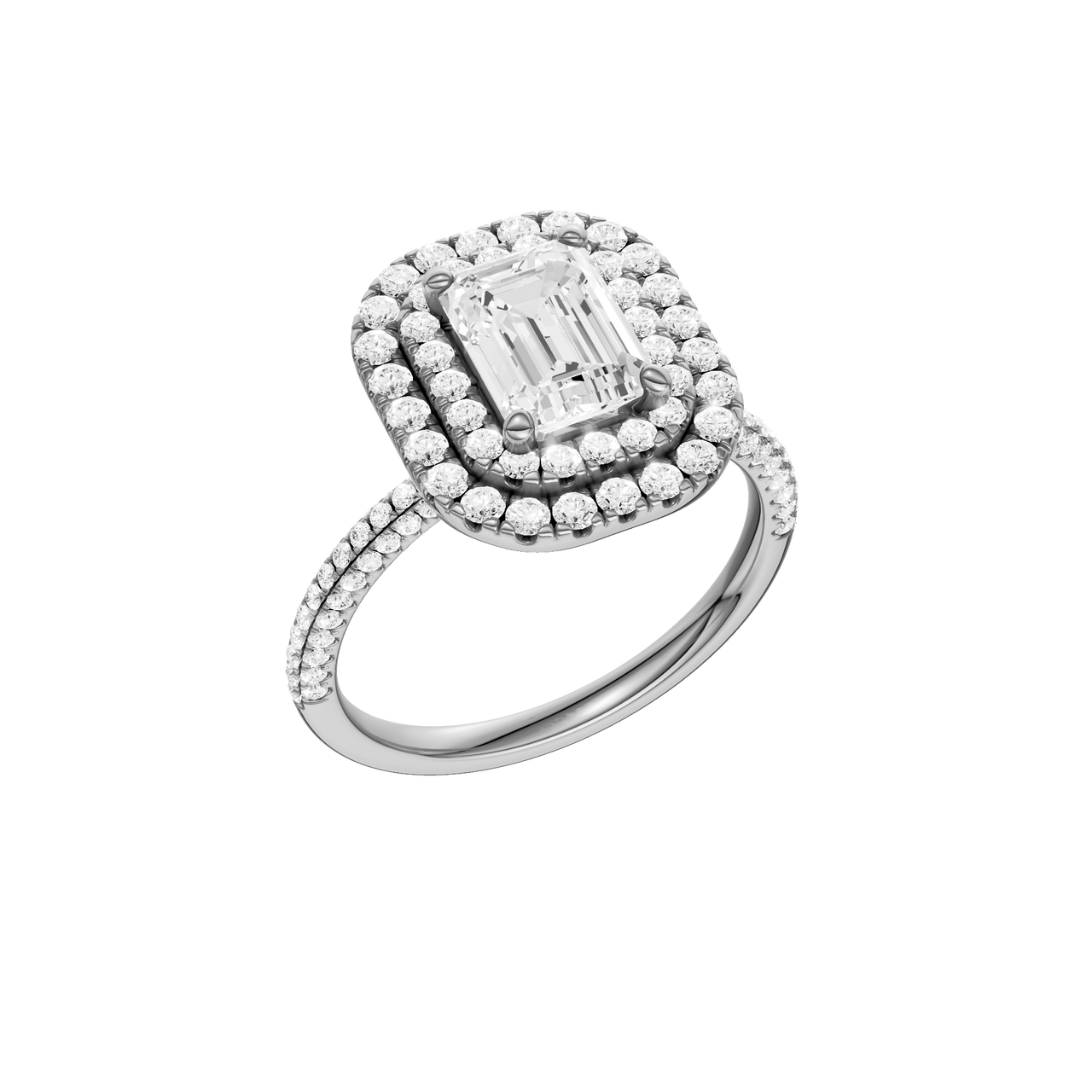 A three-quarter view of the Emerald cut diamond engagement ring in platinum with a pavé diamond band and solitaire setting