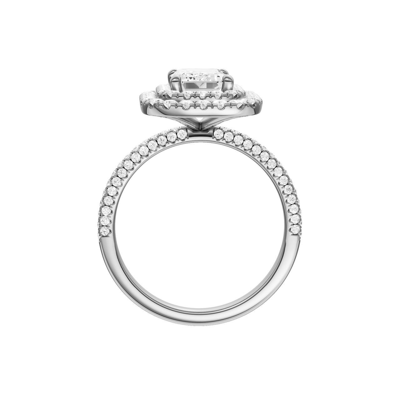 A profile view of the Emerald cut diamond engagement ring in 14k white gold with a pavé diamond band and solitaire setting