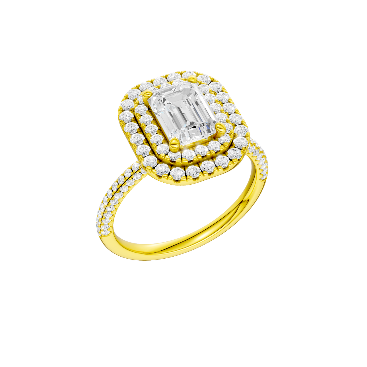 A three-quarter view of the Emerald cut diamond engagement ring in 14k yellow gold with a pavé diamond band and solitaire setting