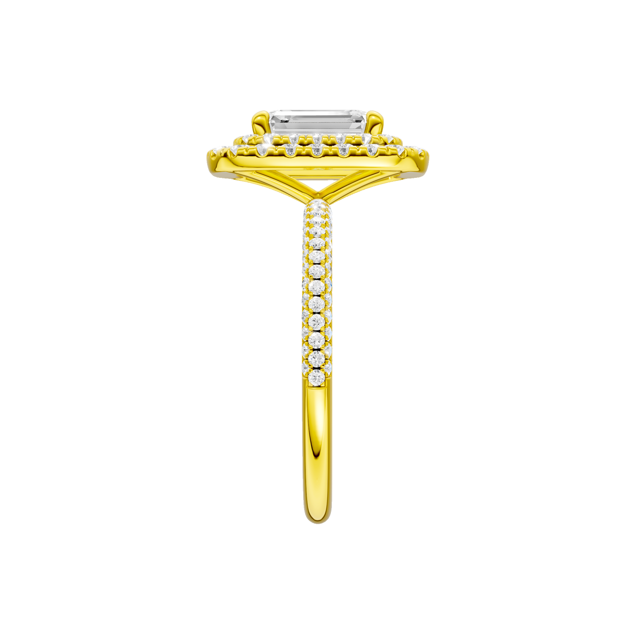 A side view of the Emerald cut diamond engagement ring in 14k yellow gold with a pavé diamond band and solitaire setting