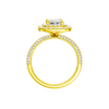 A profile view of the Emerald cut diamond engagement ring in 14k yellow gold with a pavé diamond band and solitaire setting